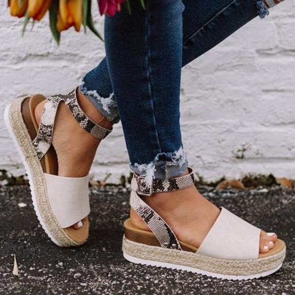 Beige Snakeskin Platform Espadrille Wedge Sandal - Picture 1 of 3